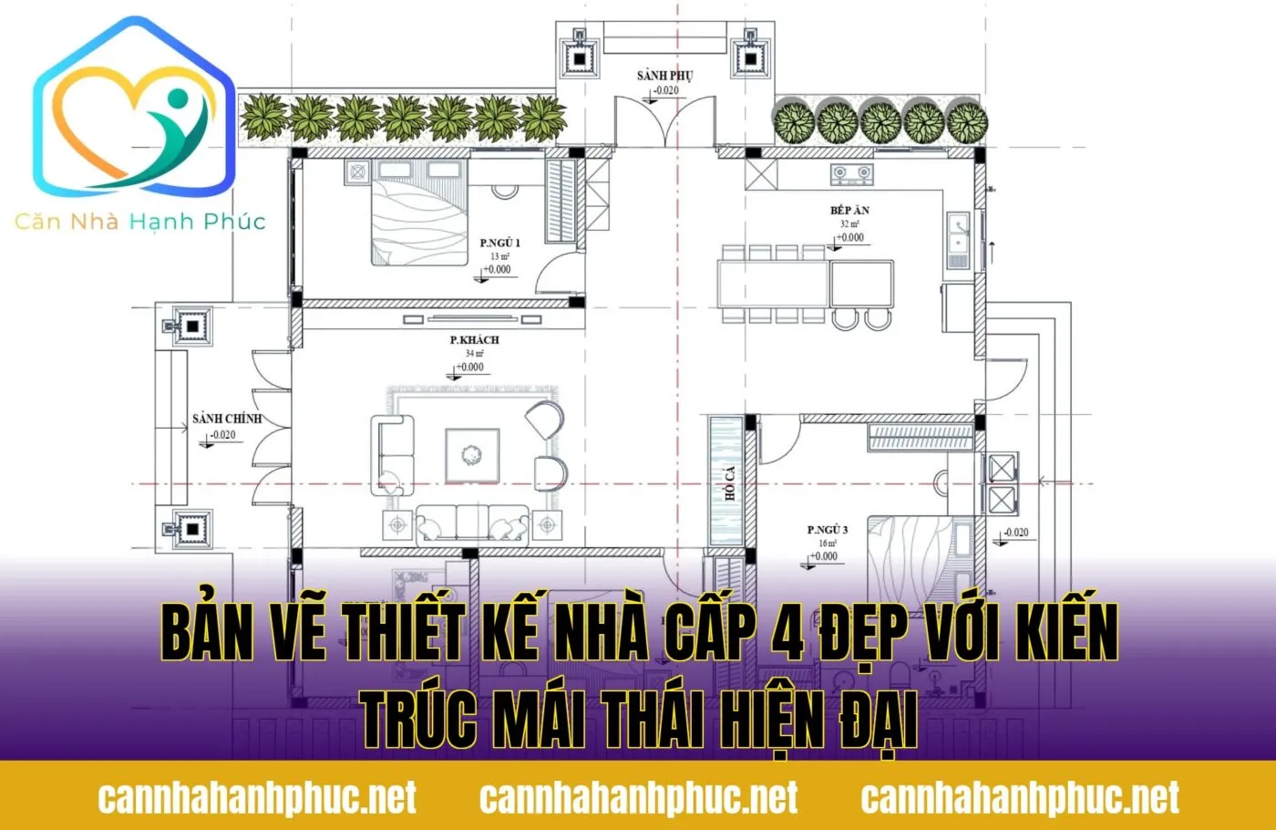 bản vẽ thiết kế nhà cấp 4 đẹp với kiến trúc mái thái hiện đại